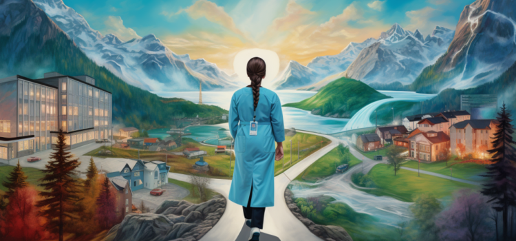 Kvinnelig sykepleier som står ved et veivalg, representert med norsk bakgrunn