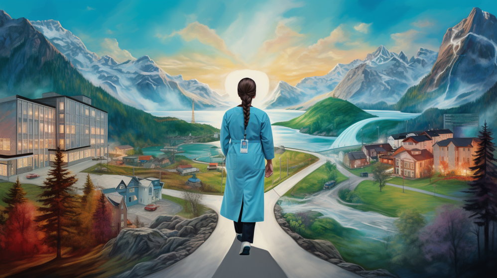 Kvinnelig sykepleier som står ved et veivalg, representert med norsk bakgrunn