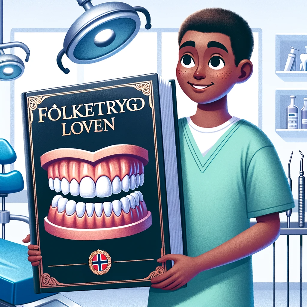Illustrasjon av en tannlege som holder et bilde med teksten "folketrygd loven"